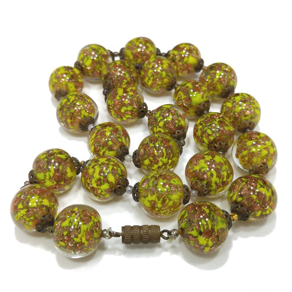 Vintage Green Venetian Glass Beaded Necklace, Copper Aventurine Italian Beads